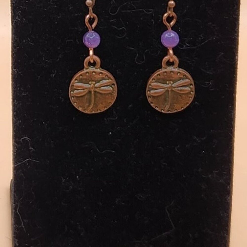 Lepidolite and Copper Dragonfly Drop Earrings - Picture 2 of 4